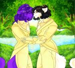  anthro black_hair boop cassielink clothing digital_drawing_(artwork) digital_media_(artwork) duo fluffy forest grass hair hi_res male male/male nature nose_boop nose_to_nose nuzzling plant purple_body purple_hair ring romantic romantic_couple sketch suit tree wedding 