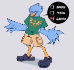  anthro avian beak berdly bird blue_body blue_feathers bottomwear cargo_shorts chiptunemacaroon clothed clothing crocs deltarune english_text eyewear feathers footwear full-length_portrait fully_clothed glasses hi_res looking_at_viewer male nintendo portrait shirt shorts simple_background smug solo speech_bubble standing text the_legend_of_zelda topwear undertale_(series) video_games wings yellow_beak 