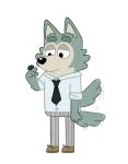  anthro arthropod beastars bluey_(series) bottomwear canid canine canis clothed clothing crossover dress_shirt footwear fur fur_tuft grey_body grey_fur hi_res legoshi_(beastars) looking_down male mammal megmazzarisi narrowed_eyes necktie pants pivoted_ears raised_arm shirt shoes simple_background smile solo standing tail_motion tail_tuft tailwag topwear tuft uniform white_background wolf 