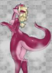  2016 anthro blonde_hair blue_eyes breasts butt dragon female hair horn looking_at_viewer looking_back looking_back_at_viewer nude open_mouth red_body solo wet zimafica 