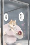  00murice 2021 anthro black_nose bottomwear brown_body canid canine canis clothing detailed_background domestic_dog glory_hole hi_res humanoid_hands inside japanese_text kemono male mammal overweight overweight_male shirt shorts solo text topwear 