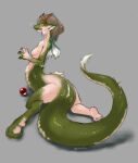  2016 breasts brown_hair dragon female green_body green_scales grey_background hair hi_res horn human long_tail mammal mid_transformation nude scales simple_background solo species_transformation transformation yellow_eyes zimafica 