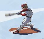  2021 anthro biped bottomwear canid canine clothed clothing footwear fully_clothed hair hi_res holding_baseball_bat holding_object male mammal mawfulme motion_blur pink_hair red_clothing shoes solo sportswear standing topwear white_clothing 