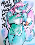  blue_body chiropteran dessert facemask female food hair hi_res i_mean_breast_milk ice_cream mammal mcdave19 meme pink_hair solo starbucks terry_(character) terry_bat text traditional_media_(artwork) 