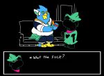  2021 anthro avian berdly bird blue_body blue_feathers bovid caprine clothed clothing cocaine crack_pipe deltarune dialogue digital_media_(artwork) drugs duo english_text eyewear family_guy feathers fire furniture goat henevada1 hi_res lighter male mammal meme profanity ralsei sofa tagme text undertale_(series) video_games 
