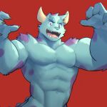  1:1 2021 abs anthro big_muscles claws disney eyebrows fur half-length_portrait hi_res horn jrjresq looking_at_viewer male mammal monster monsters_inc muscular muscular_anthro muscular_male navel nude open_mouth open_smile pecs pixar portrait red_background simple_background smile solo sulley teeth tongue tuft 