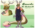  anthro antlers asian_mythology blonde_hair blue_eyes clothing dragon east_asian_mythology eastern_dragon forgemaster_asmordis fur green_body green_fur hair hi_res horn male mythology scalie scar solo tail_fluff talons vird whiskers yellow_body yellow_fur 