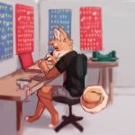  1:1 2020 anthro barefoot bottomwear brown_body brown_fur canid canine canis chair clothed clothing conditional_dnp desk digital_media_(artwork) digitigrade domestic_dog elijah-draws feet fully_clothed fur furniture hi_res holding_object inside light lighting male mammal shaded shiba_inu shirt shorts sitting solo spitz topwear 