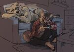 2021 anthro bottomwear brown_body brown_fur brown_hair canid canine clothed clothing controller detailed_background duo eyewear fur furniture game_controller gaming glasses hair hi_res holding_controller holding_game_controller holding_object inside male mammal mawfulme on_sofa one_eye_closed open_clothing open_shirt open_topwear pawpads paws red_clothing shirt sofa teeth topwear 