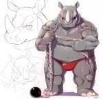  2021 anthro biped chain clothing grey_body hijirinoyuta humanoid_hands kemono male mammal musclegut navel overweight overweight_male rhinocerotoid solo underwear 