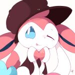  1:1 blue_body blue_eyes blue_fur celandine clothed clothing digital_media_(artwork) eeveelution feral flurfuchs fur hat headgear headshot_portrait headwear hi_res icon multicolored_body nintendo one_eye_closed open_mouth pink_body pink_fur pok&eacute;mon pok&eacute;mon_(species) portrait ribbons signature simple_background solo sylveon video_games white_body white_fur 