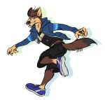  anthro bottomwear canid canine cargo_shorts clothed clothing footwear fox fully_clothed fur hoodie kingdomblade koen_the_fox male mammal multicolored_body multicolored_fur pawpads running shirt shoes shorts sneakers solo topwear 
