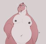  anthro belly black_nipples blep dark_nipples hand_on_hip hi_res looking_at_viewer male mario_bros minedoo moobs navel nintendo nipples nude overweight overweight_anthro overweight_male pink_body slightly_chubby solo tongue tongue_out video_games white_body yoshi 