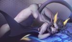  2021 2_horns abstract_background anthro ass_up biped breasts butt demon digital_media_(artwork) digital_painting_(artwork) eyebrows eyelashes female grey_body grey_hair grey_sclera hair horn humanoid_hands humanoid_pointy_ears jack-o&#039;_pose long_tail looking_at_viewer medium_breasts membrane_(anatomy) membranous_wings nude pose shermugi smile smiling_at_viewer spread_legs spreading wing_claws wings yellow_eyes yellow_horn 