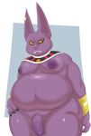  2021 absurd_res alien anthro armor balls belly big_belly bracers champa clothed clothing domestic_cat dragon_ball dragon_ball_super ear_piercing felid feline felis flaccid genitals grin hi_res jerseydevil looking_aside male mammal moobs navel nipples overweight overweight_male partially_clothed penis piercing purple_body sharp_teeth simple_background smile solo standing teeth 