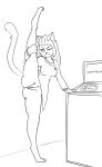  2020 anthro black_and_white breasts caitian felid female flexible full-length_portrait genitals hi_res holding_leg m&#039;ress mammal monochrome nipple_outline one_eye_closed one_leg_up portrait pussy raised_leg sketch solo splits spread_legs spreading star_trek stretching zinco 