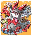  alcohol anthro beverage bottle bunny_costume canid canine canis clothed clothing container costume cup cute_fangs dessert doughnut eyewear fake_ears fake_rabbit_ears food girly glasses gloves handwear kafun male mammal necktie pawpads ribbons solo wolf 