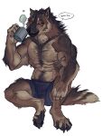  anthro beverage bottomwear brown_body brown_fur bulge canid canine canis claws clothing coffee digitigrade fluffy forearm_muscles fur glowing glowing_eyes hi_res male mammal muscular muscular_male neck_tuft nmvsolidus pawpads paws simple_background solo tuft were werecanid werecanine werewolf wolf 