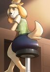  animal_crossing anthro barefoot black_nose blonde_hair bottomwear breasts canid canine canis clothed clothing domestic_dog feet female fur hair hi_res isabelle_(animal_crossing) kittell_(artist) looking_at_viewer looking_back looking_back_at_viewer low-angle_view mammal nintendo pencil_skirt rear_view seat shih_tzu sitting skirt smile solo toy_dog video_games yellow_body yellow_fur 