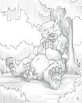  2021 4:5 alternate_species anthro beer_mug dax_(dax1) eyes_closed flinters flinters_(character) forest fur greyscale hi_res male mammal monochrome nude outside pawpads plant plushie solo tree ursid 