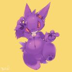  1:1 anthro breasts claws featureless_breasts featureless_crotch female gengar jack-o&#039;-lantern nintendo pawpads pok&eacute;mon pok&eacute;mon_(species) razy red_sclera semi-anthro sharp_teeth simple_background small_breasts teeth video_games yellow_background 