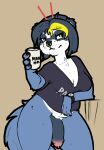  anthro beverage big_penis blizzard_entertainment blonde_hair blue_body blue_fur blue_hair bottomless breasts chichu_littlepaw cleavage clothed clothing facial_piercing fur genital_piercing genitals gynomorph hair highlights_(coloring) intersex mammal no_pants nose_piercing nose_ring pandaren partially_clothed penis penis_piercing petsoftthings_(artist) piercing shirt shirt_only slightly_chubby smile smirk solo text text_on_clothing text_on_shirt text_on_topwear thick_thighs topwear topwear_only ursid video_games warcraft yellow_eyes 