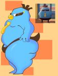  2021 3:4 anthro avian bird blue_body clothing coccui dai_bo eyewear hi_res male mostly_nude necktie netflix overweight overweight_anthro overweight_male reference_image scissor_seven smile solo sunglasses tagme thick_thighs thong underwear 