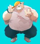  2021 anthro band-aid bandage belly black_nose blue_background blush bottomwear canid canine canis clothing domestic_dog dumdum eyes_closed hat headgear headwear hi_res humanoid_hands kemono male mammal obese overweight overweight_male pants shirt simple_background solo topwear 