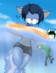  2020 anthro bikini bikini_shorts black_hair blue_body blue_fur blue_hair canid canine canis clothing cold detailed_background dialogue digital_media_(artwork) domestic_dog duo english_text eyelashes eyes_closed faith_(icirculate-sound) feet female fennec floatie fox fur green_body green_fur hair hi_res husky jade_(icirculate-sound) mammal midriff multicolored_body multicolored_fur navel nordic_sled_dog one-piece_swimsuit outside peeper_(subnautica) sandwich-anomaly sea shaking shivering spitz subnautica_below_zero swimming swimwear teeth text toes two_tone_body two_tone_fur underwater water white_body white_fur 