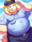  2021 anthro asgore_dreemurr beard belly blonde_hair blue_eyes boss_monster bottomwear bovid bovine bulge caprine clothing cloud deltarune facial_hair hair hat headgear headwear hi_res horn humanoid_hands kemono lako long_ears male mammal outside overweight overweight_male pants police police_uniform shirt solo topwear undertale undertale_(series) uniform video_games white_body 