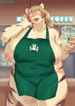  anthro apron apron_only areola big_breasts blonde_hair breasts clothing container cup felid female green_apron hair hi_res holding_cup holding_object huge_breasts i_mean_breast_milk kemono mammal mature_female meme morokko mostly_nude nipples pantherine solo thick_thighs tiger 