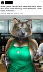  absurd_res anthro apron apron_only benjamin_ratterman beverage big_breasts breasts canid canine canis clothing coffee coffee_cup container cup english_text female green_apron hi_res i_mean_breast_milk looking_at_viewer mammal meme mostly_nude portrait solo starbucks text wolf 