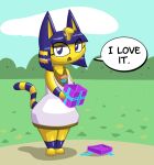  animal_crossing ankha_(animal_crossing) anthro blue_eyes blue_hair clothed clothing dialogue domestic_cat dress felid feline felis female fur hair jewelry mammal markings nintendo open_mouth outside solo striped_markings striped_tail stripes tail_markings tempestryder video_games yellow_body yellow_fur 