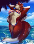  2020 anthro bedroom_eyes bikini bikini_bottom bikini_top breasts brown_body brown_fur canid canine canis clothed clothing colleen collie detailed_background domestic_dog female flag_bikini fur grin herding_dog hi_res looking_at_viewer mammal narrowed_eyes nauyaco partially_submerged pastoral_dog pinup portrait pose road_rovers rough_collie seductive sheepdog smile solo swimwear three-quarter_portrait under_boob union_jack water 