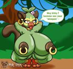  absurd_res anthro areola big_breasts breasts brown_nipples clothing digital_drawing_(artwork) digital_media_(artwork) duo ear_piercing ear_ring english_text female flower fur gloria_(riku9797) green_body green_fur grookey hair haplorhine hi_res huge_breasts mammal mr.ink_(artist) nintendo nipple_piercing nipple_ring nipples nude outside piercing plant pok&eacute;mon pok&eacute;mon_(species) primate simple_background smile solo starter_trio text thick_thighs video_games 