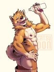  2021 3:4 abs anthro brown_body brown_fur butt butt_pose canid canine canis catsudon clothed clothing digital_media_(artwork) domestic_dog eyes_closed fur licking licking_lips licking_own_lips maki_(catsudon) male mammal multicolored_body multicolored_fur muscular muscular_male nipples pants_down partially_clothed pecs pose pouring self_lick shiba_inu simple_background solo spitz tan_body tan_fur tongue tongue_out two_tone_body two_tone_fur water_bottle white_background 