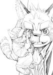  2021 absurd_res ailurid anthro asakura_kento bottomwear camera clothing cute_fangs hat headgear headwear hi_res humanoid_hands kemono lifewonders male mammal monochrome pants red_panda shirt simple_background slightly_chubby solo tokyo_afterschool_summoners topwear video_games white_background zhurong_(tas) 