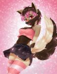  absurd_res anthro bottomwear canid canine canis clothing domestic_dog ear_piercing female fur happy hi_res idol industrial_piercing leggings legwear mammal navel navel_piercing piercing red_eyes skirt smile solo sparkittyart 
