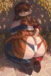  absurd_res anthro big_breasts big_butt breasts brown_hair butt curvy_figure felid feline female french_flag hair hi_res high_heels huge_butt kneeling looking_at_viewer looking_back looking_back_at_viewer mammal patacon solo thick_thighs voluptuous wide_hips 