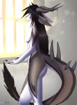  2021 5_fingers absurd_res anthro black_hair blue_eyes breasts digital_media_(artwork) dragon ear_piercing female fingers firoza fur furred_dragon grey_body hair hi_res horn humanoid_hands jewelry long_ears long_hair long_tail maiteik_(artist) mammal markings morning multicolored_body nude piercing pinup pose solo spiked_tail spikes spikes_(anatomy) standing white_body window 