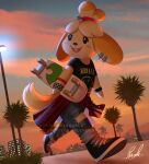  2021 animal_crossing anthro building canid canine canis city clothed clothing cloud detailed_background digital_media_(artwork) domestic_dog fully_clothed fur hi_res holding_object isabelle_(animal_crossing) light lighting mammal nintendo nirvana open_mouth open_smile outside plant relaxable relaxablefur shaded shih_tzu shirt signature skateboard sky smile solo t-shirt topwear toy_dog tree video_games yellow_body yellow_fur 