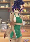  2021 5_fingers absurd_res anthro apron apron_only areola breasts clothing coffee_shop container cup digital_media_(artwork) dragonblue900 felid feline female fingers fur green_apron green_eyes hair hi_res i_mean_breast_milk inner_ear_fluff looking_at_viewer lynx mammal meme mostly_nude nipple_slip nipples photo_background purple_hair solo tuft 
