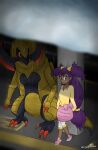  2020 against_surface ambiguous_gender claws clothing dark_body dark_skin detailed_background dragon duo feet female feral friita gym_leader hair haxorus hi_res human iris_(pok&eacute;mon) long_hair looking_at_another looking_at_viewer mammal multicolored_body nintendo not_furry pok&eacute;mon pok&eacute;mon_(species) pokemon_champion purple_hair raining red_eyes scalie signature toes two_tone_body video_games 