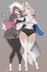  2021 absurd_res anthro anthrofied big_breasts bottomwear breast_squish breasts breasts_frottage brown_body brown_fur canid canine claws clothed clothing digital_media_(artwork) female front_view fur grey_background hi_res jacket looking_at_viewer lycanroc mammal midday_lycanroc midnight_lycanroc nintendo pok&eacute;mon pok&eacute;mon_(species) pok&eacute;morph red_body red_fur shorts simple_background squish topwear video_games water_bottle white_body white_fur wide_hips yuio 