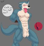  abs absurd_res anthro balls beastars blush bodily_fluids bound canid canine canis charlieleobo dialogue digital_media_(artwork) english_text fur genital_fluids genitals hi_res legoshi_(beastars) looking_pleasured looking_up male mammal muscular muscular_anthro muscular_male nipples nude pecs penis saliva sex_toy simple_background solo text tongue tongue_out vibrator wolf 