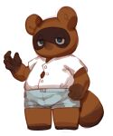  2021 animal_crossing anthro belly bottomwear brown_body canid canine clothing humanoid_hands male mammal nintendo overweight raccoon_dog shirt shorts simple_background slightly_chubby solo stigmaignite tanuki tom_nook_(animal_crossing) topwear video_games white_background 