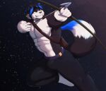  2021 anthro arrow black_body black_bottomwear black_clothing black_fur black_pants blue_body blue_fur border_collie bottomwear bow_(weapon) canid canine canis clothed clothing collie croiyan domestic_dog fur herding_dog hi_res male mammal mason_(trivolmckenley) muscular muscular_anthro muscular_male pants pastoral_dog quiver ranged_weapon sheepdog topless topless_anthro topless_male weapon white_body white_fur 