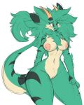  absurd_res anthro blush breasts brown_eyes claws dragon elbow_tufts female fluffy fur furred_dragon genitals gentials green_body green_fur hi_res horn jolbee markings navel nipple_piercing nipples piercing pussy riley_(jolbee) solo tan_body thick_thighs 