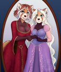  2021 absurd_res ailurid anthro breasts brown_hair clothed clothing digital_media_(artwork) duo ear_piercing female green_eyes hair hi_res mammal piercing rapunzel_(disney) red_panda smile tammy_(thecatnamedfish) tangled_(disney) thecatnamedfish white_hair 