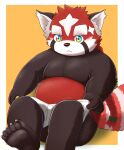  2021 5groo5 ailurid anthro belly black_body black_nose butt clothing hi_res humanoid_hands kemono lifewonders male mammal red_body red_panda simple_background sitting slightly_chubby solo tokyo_afterschool_summoners underwear video_games white_body zhurong_(tas) 